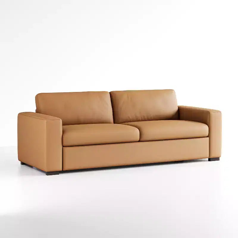Sofá de piel naranja, reposabrazos cuadrados, estilo moderno de mediados de siglo, 3 plazas