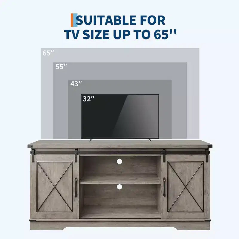 Mueble de TV estilo rústico en Marrón/Gris/Colores contrastantes con puertas corredizas tipo granero – Para televisores de hasta 65", se ensambla por 1 persona