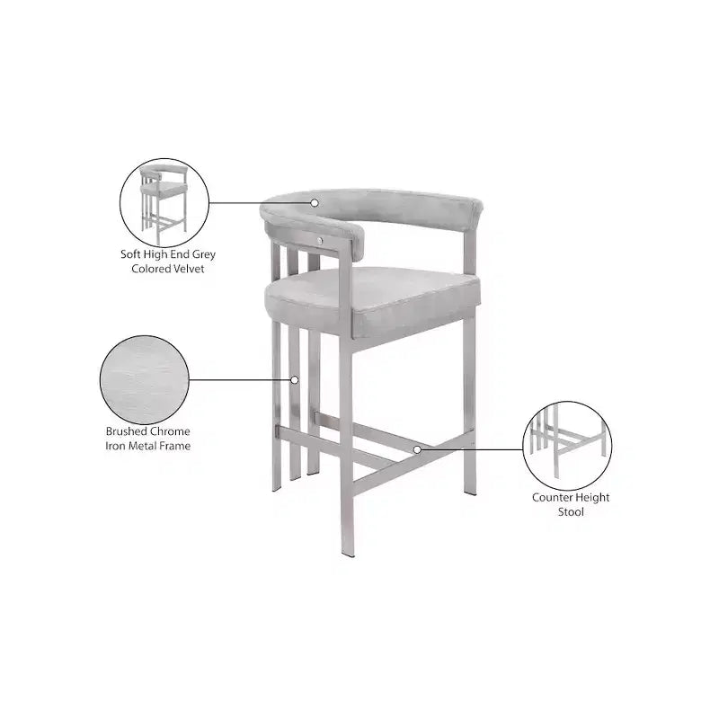 Taburete de mostrador de terciopelo gris con brazos, juego de 2