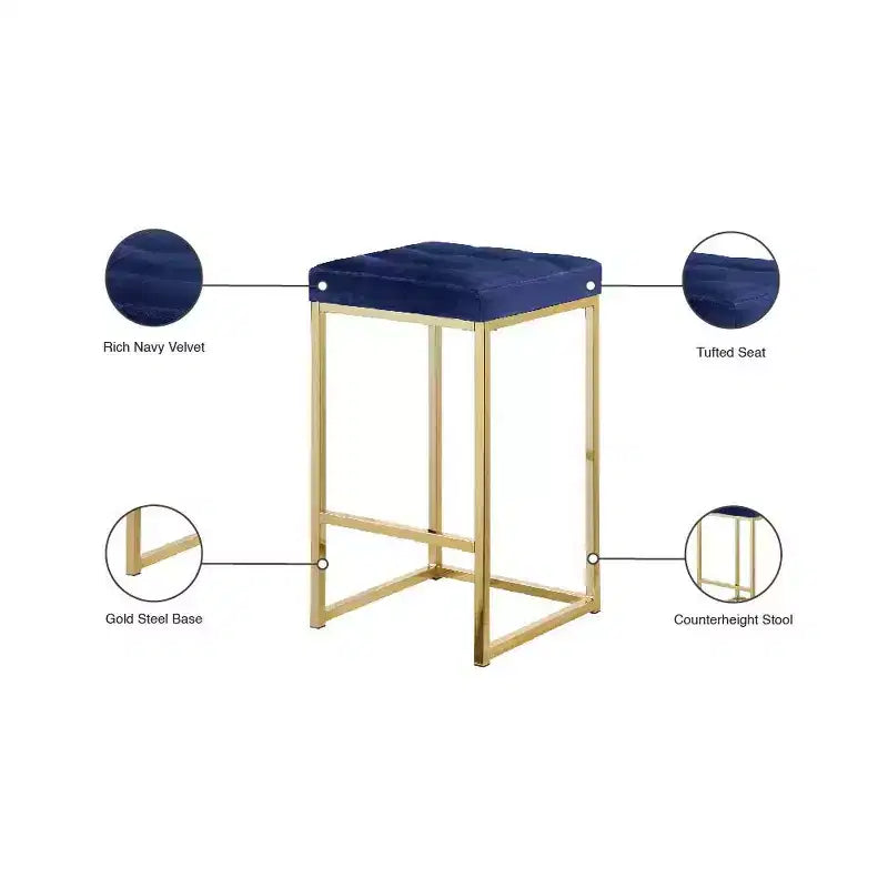 Taburete de mostrador de terciopelo azul marino, base dorada, juego de 2