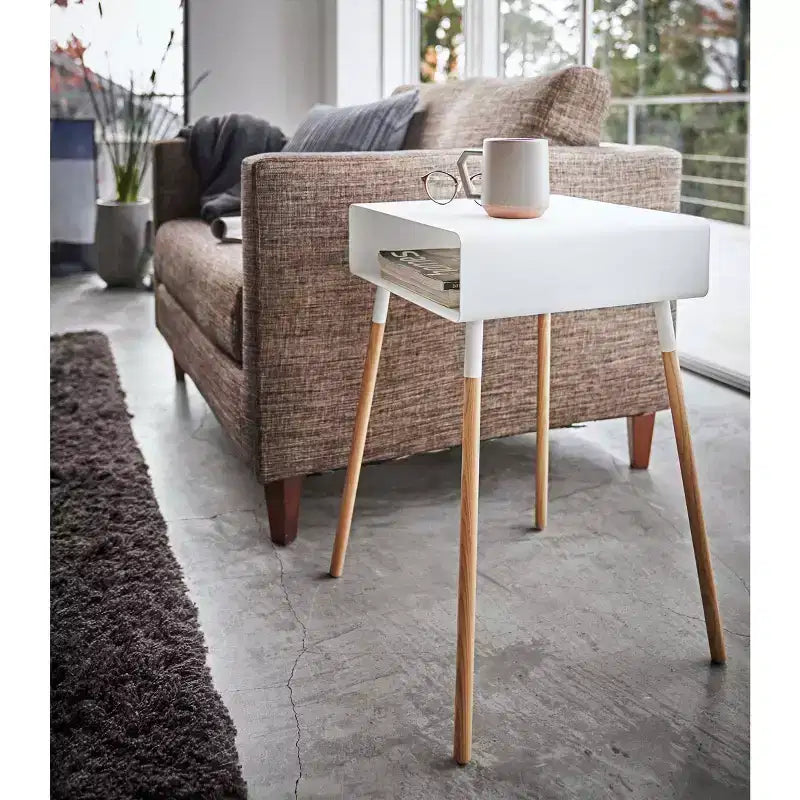 Mesa Auxiliar Alta Blanca/Negra con Estante de Almacenamiento, Acero + Madera, Individual
