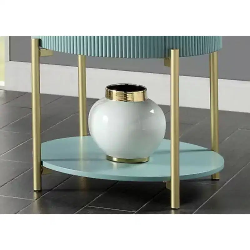 Mesa auxiliar redonda de color verde azulado claro con cajón, para 1 persona, tapa de mármol sintético blanco y estructura dorada