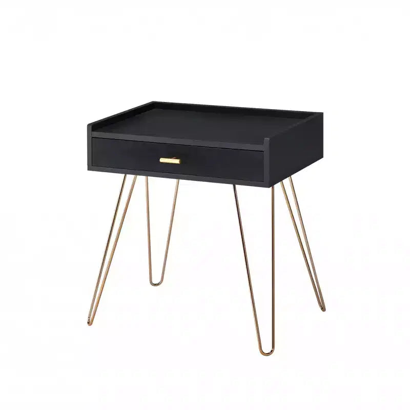 Mesa auxiliar negra y dorada con cajón, para 1 persona