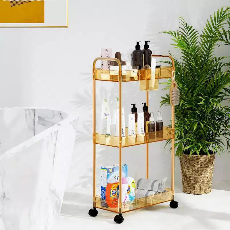 Carrito de almacenamiento acrílico rodante de 3 niveles en transparente/gris/verde/naranja con ruedas, para 1 persona