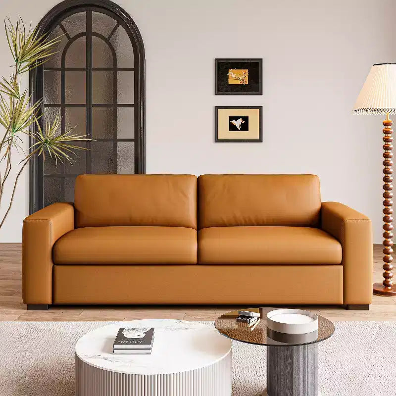 Sofá de piel naranja, reposabrazos cuadrados, estilo moderno de mediados de siglo, 3 plazas