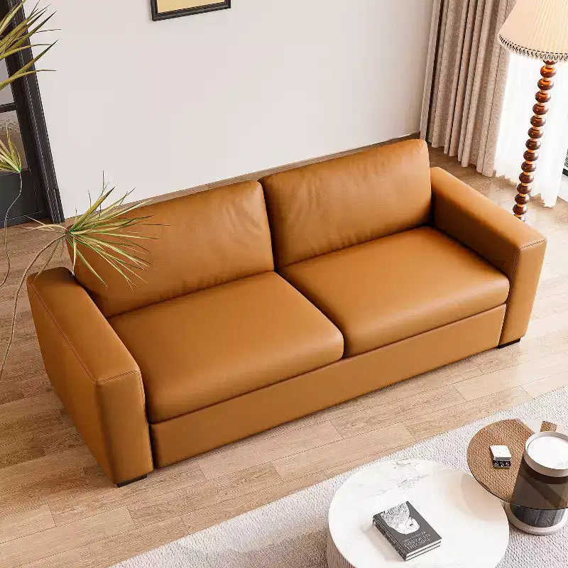 Sofá de piel naranja, reposabrazos cuadrados, estilo moderno de mediados de siglo, 3 plazas