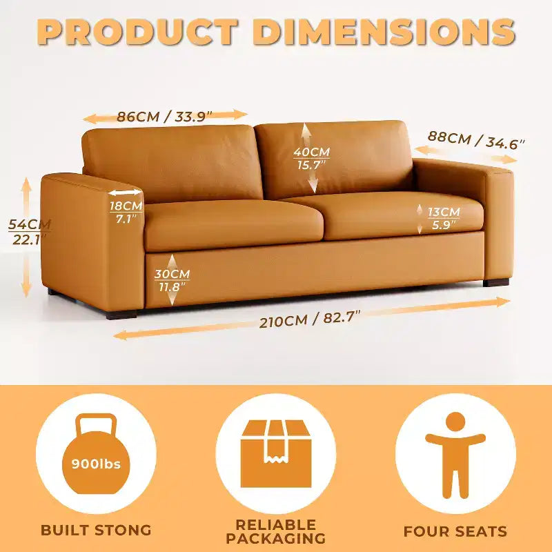 Sofá de piel naranja, reposabrazos cuadrados, estilo moderno de mediados de siglo, 3 plazas