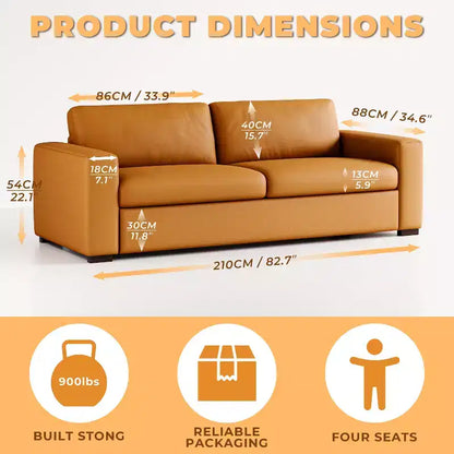 Sofá de piel naranja, reposabrazos cuadrados, estilo moderno de mediados de siglo, 3 plazas