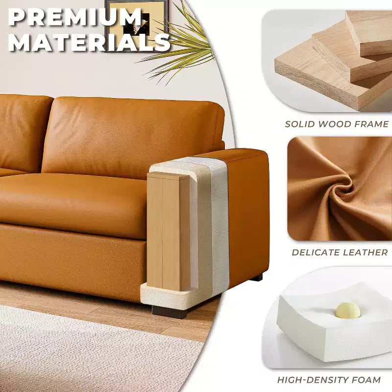 Sofá de piel naranja, reposabrazos cuadrados, estilo moderno de mediados de siglo, 3 plazas