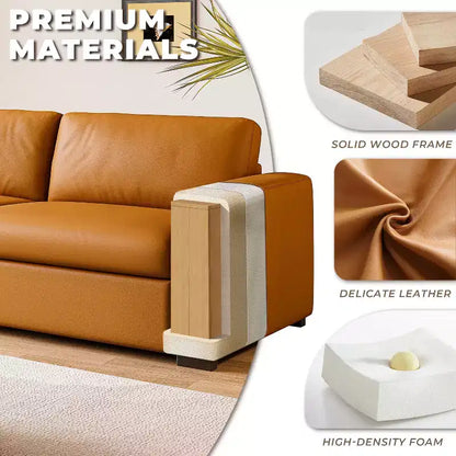 Sofá de piel naranja, reposabrazos cuadrados, estilo moderno de mediados de siglo, 3 plazas