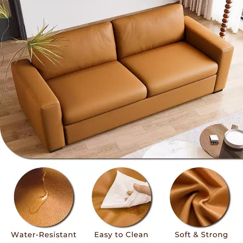 Sofá de piel naranja, reposabrazos cuadrados, estilo moderno de mediados de siglo, 3 plazas