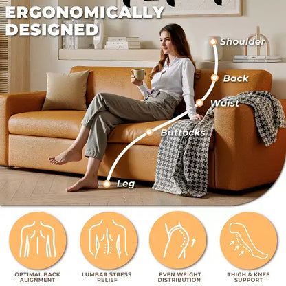 Sofá de piel naranja, reposabrazos cuadrados, estilo moderno de mediados de siglo, 3 plazas