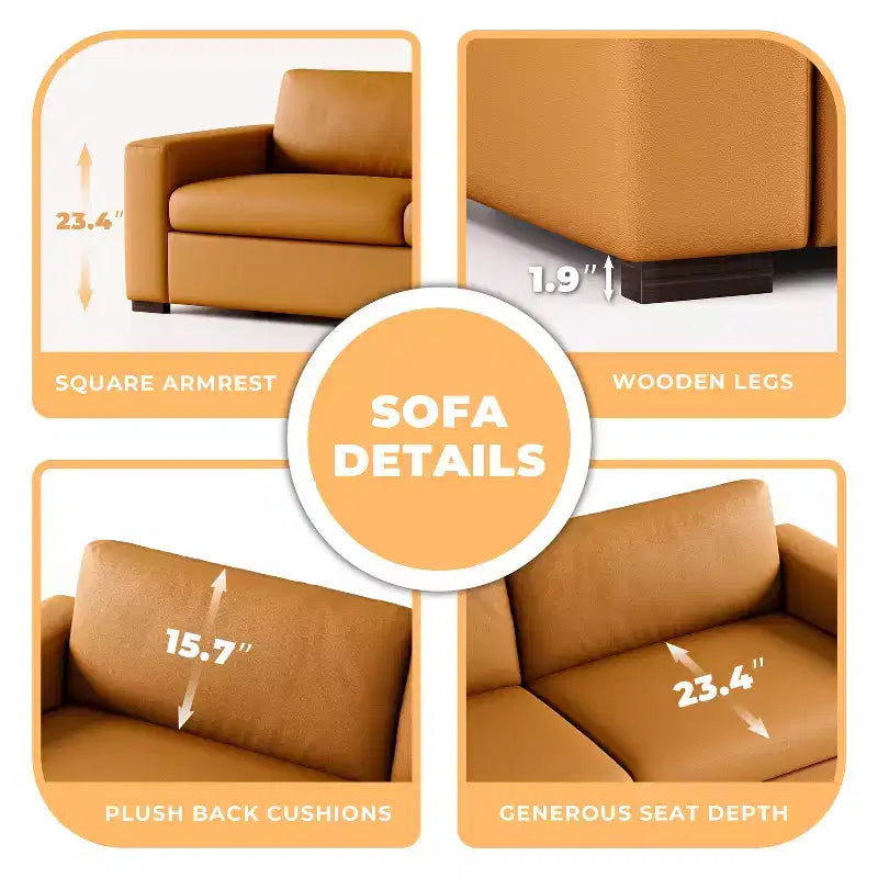 Sofá de piel naranja, reposabrazos cuadrados, estilo moderno de mediados de siglo, 3 plazas