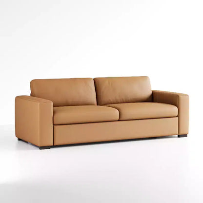 Sofá de piel naranja, reposabrazos cuadrados, estilo moderno de mediados de siglo, 3 plazas