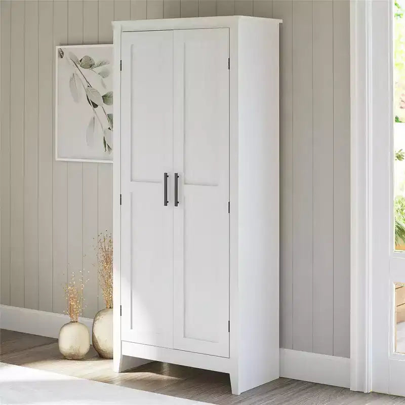 Armario de almacenamiento de 2 puertas con 4 estantes, blanco federal/roble Shadow, montaje para 2 personas