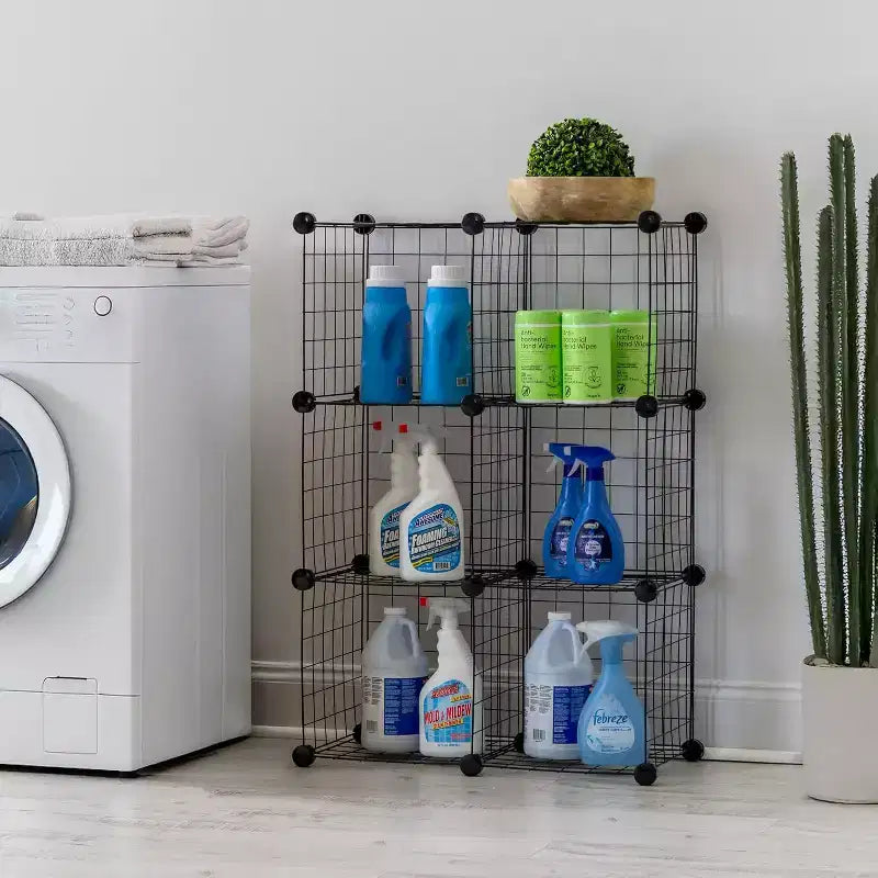 Organizador Modular de Almacenamiento de Rejilla de Alambre Negro de 6 Cubos, Apilable y Expandible, Capacidad de 60 lb