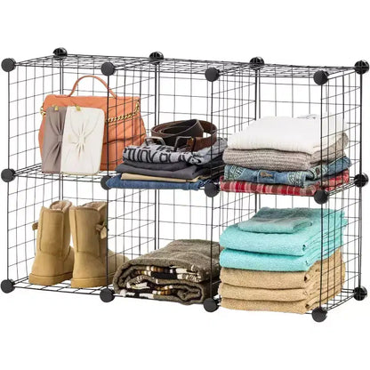 Organizador Modular de Almacenamiento de Rejilla de Alambre Negro de 6 Cubos, Apilable y Expandible, Capacidad de 60 lb
