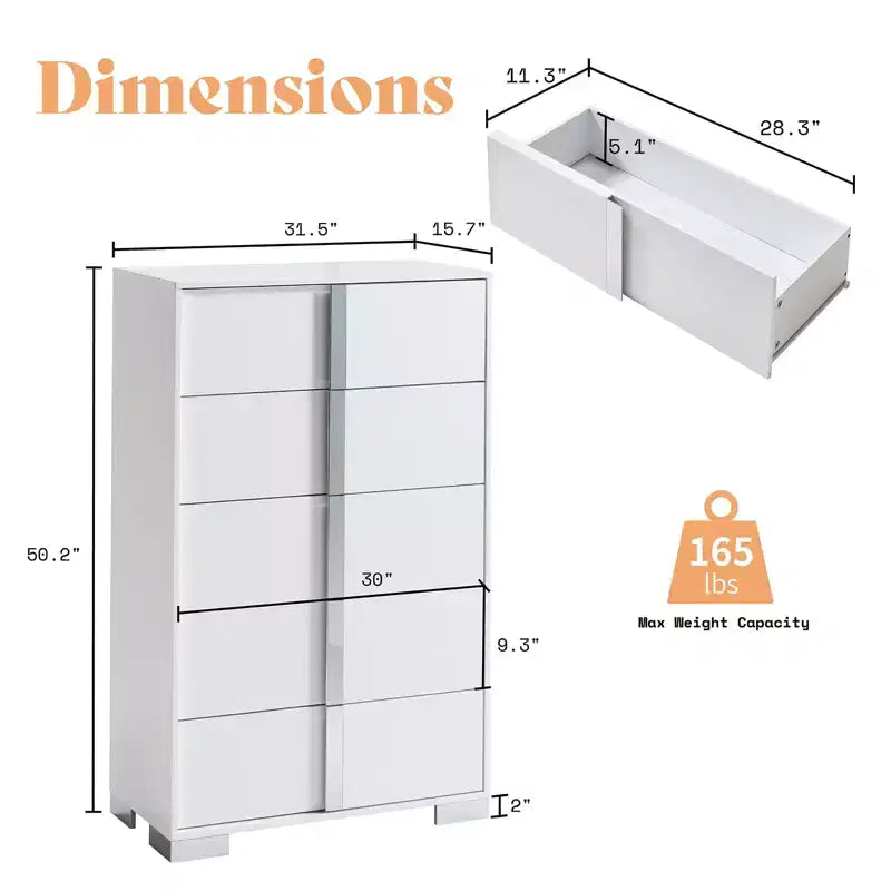 Cómoda de 5 cajones en gris/blanco de alto brillo para adultos