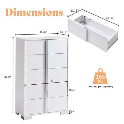 Cómoda de 5 cajones en gris/blanco de alto brillo para adultos