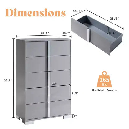 Cómoda de 5 cajones en gris/blanco de alto brillo para adultos