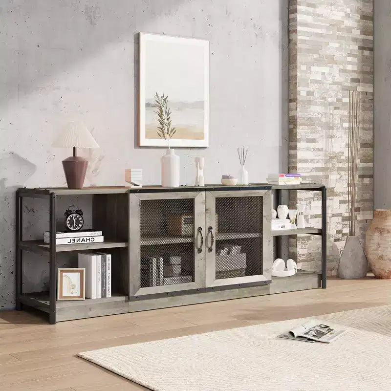 Mueble de TV de 63" en gris rústico/color retro con 2 puertas de malla, para televisores de hasta 70"