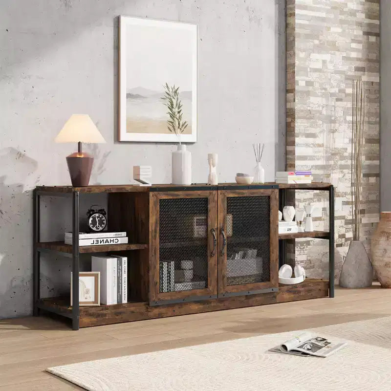 Mueble de TV de 63" en gris rústico/color retro con 2 puertas de malla, para televisores de hasta 70"