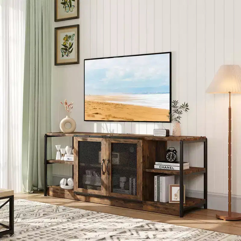 Mueble de TV de 63" en gris rústico/color retro con 2 puertas de malla, para televisores de hasta 70"