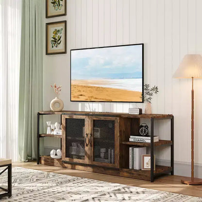Mueble de TV de 63" en gris rústico/color retro con 2 puertas de malla, para televisores de hasta 70"