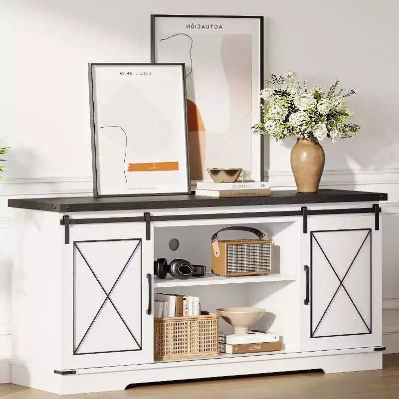 Mueble de TV estilo rústico en Marrón/Gris/Colores contrastantes con puertas corredizas tipo granero – Para televisores de hasta 65", se ensambla por 1 persona