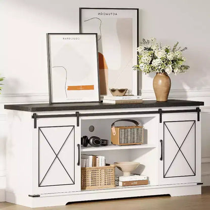Mueble de TV estilo rústico en Marrón/Gris/Colores contrastantes con puertas corredizas tipo granero – Para televisores de hasta 65", se ensambla por 1 persona