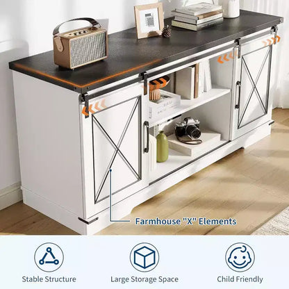 Mueble de TV estilo rústico en Marrón/Gris/Colores contrastantes con puertas corredizas tipo granero – Para televisores de hasta 65", se ensambla por 1 persona