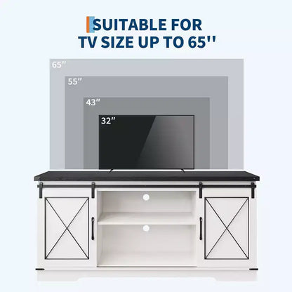 Mueble de TV estilo rústico en Marrón/Gris/Colores contrastantes con puertas corredizas tipo granero – Para televisores de hasta 65", se ensambla por 1 persona
