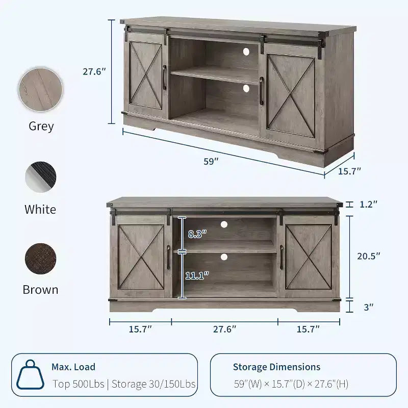 Mueble de TV estilo rústico en Marrón/Gris/Colores contrastantes con puertas corredizas tipo granero – Para televisores de hasta 65", se ensambla por 1 persona