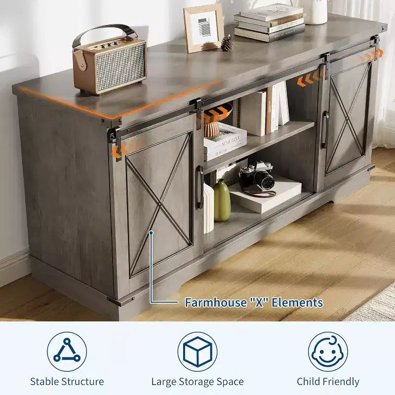 Mueble de TV estilo rústico en Marrón/Gris/Colores contrastantes con puertas corredizas tipo granero – Para televisores de hasta 65", se ensambla por 1 persona