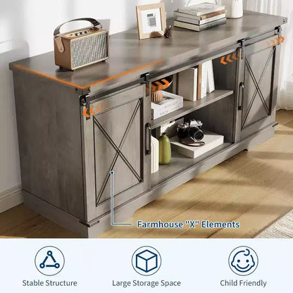 Mueble de TV estilo rústico en Marrón/Gris/Colores contrastantes con puertas corredizas tipo granero – Para televisores de hasta 65", se ensambla por 1 persona
