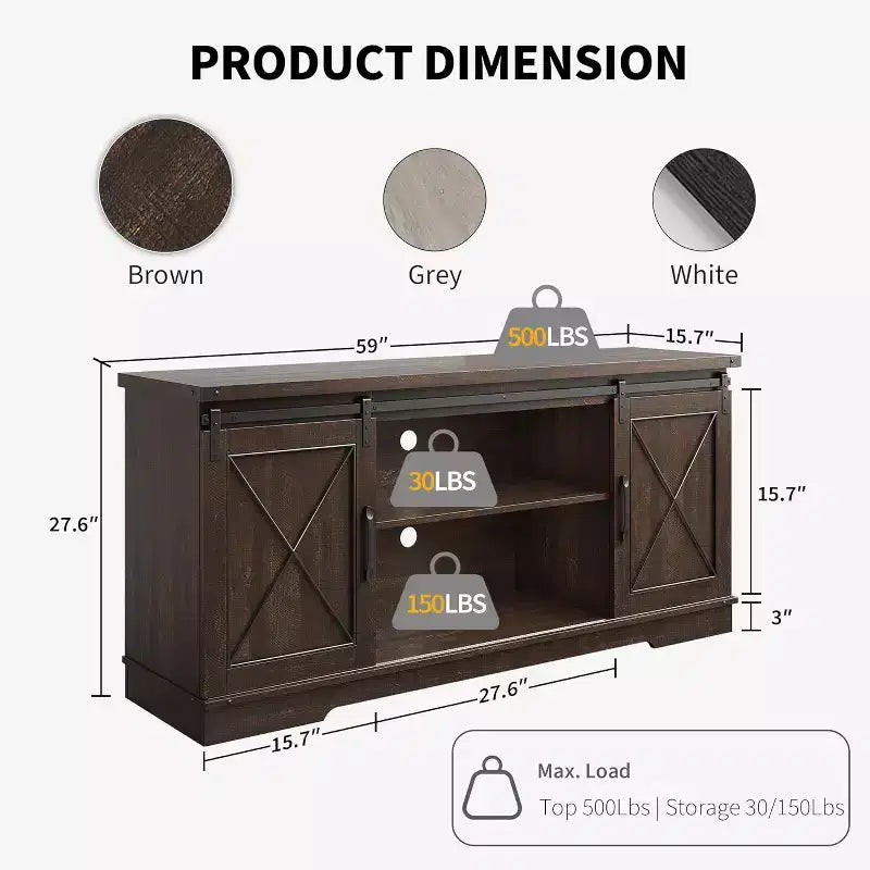 Mueble de TV estilo rústico en Marrón/Gris/Colores contrastantes con puertas corredizas tipo granero – Para televisores de hasta 65", se ensambla por 1 persona