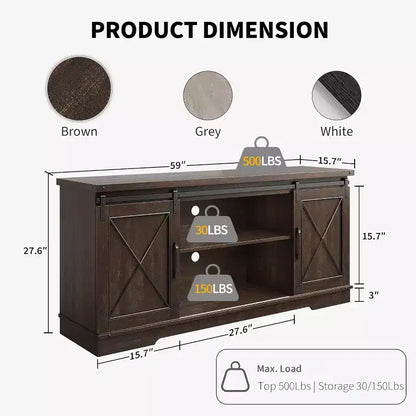 Mueble de TV estilo rústico en Marrón/Gris/Colores contrastantes con puertas corredizas tipo granero – Para televisores de hasta 65", se ensambla por 1 persona