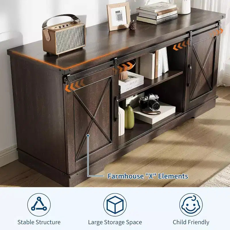 Mueble de TV estilo rústico en Marrón/Gris/Colores contrastantes con puertas corredizas tipo granero – Para televisores de hasta 65", se ensambla por 1 persona