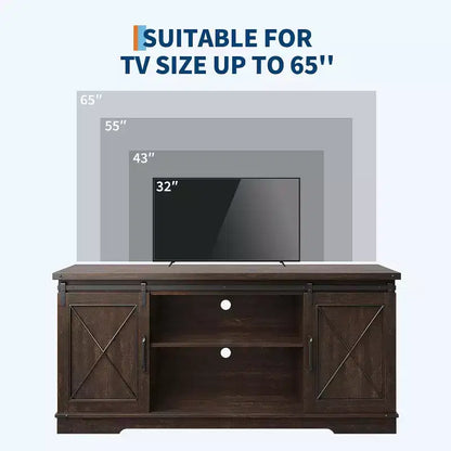Mueble de TV estilo rústico en Marrón/Gris/Colores contrastantes con puertas corredizas tipo granero – Para televisores de hasta 65", se ensambla por 1 persona