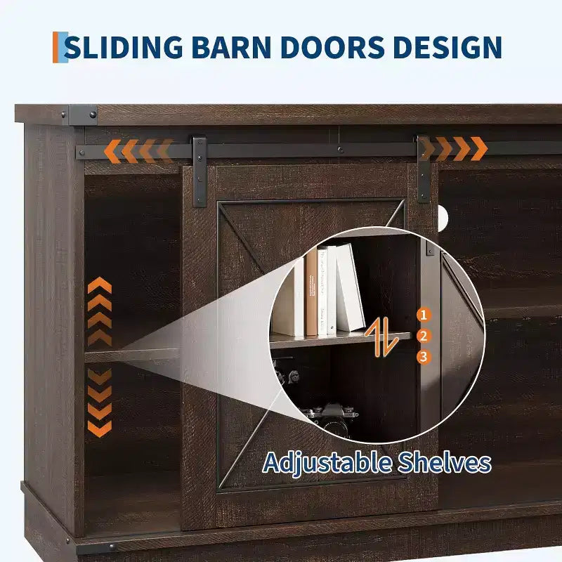 Mueble de TV estilo rústico en Marrón/Gris/Colores contrastantes con puertas corredizas tipo granero – Para televisores de hasta 65", se ensambla por 1 persona