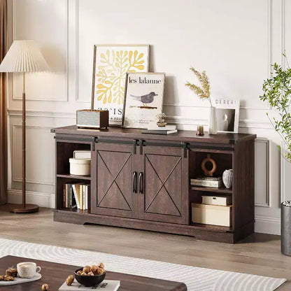 Mueble de TV estilo rústico en Marrón/Gris/Colores contrastantes con puertas corredizas tipo granero – Para televisores de hasta 65", se ensambla por 1 persona