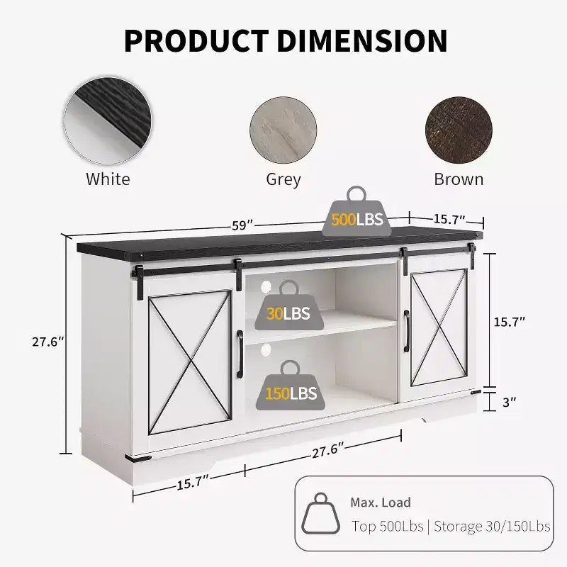 Mueble de TV estilo rústico en Marrón/Gris/Colores contrastantes con puertas corredizas tipo granero – Para televisores de hasta 65", se ensambla por 1 persona