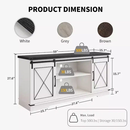 Mueble de TV estilo rústico en Marrón/Gris/Colores contrastantes con puertas corredizas tipo granero – Para televisores de hasta 65", se ensambla por 1 persona