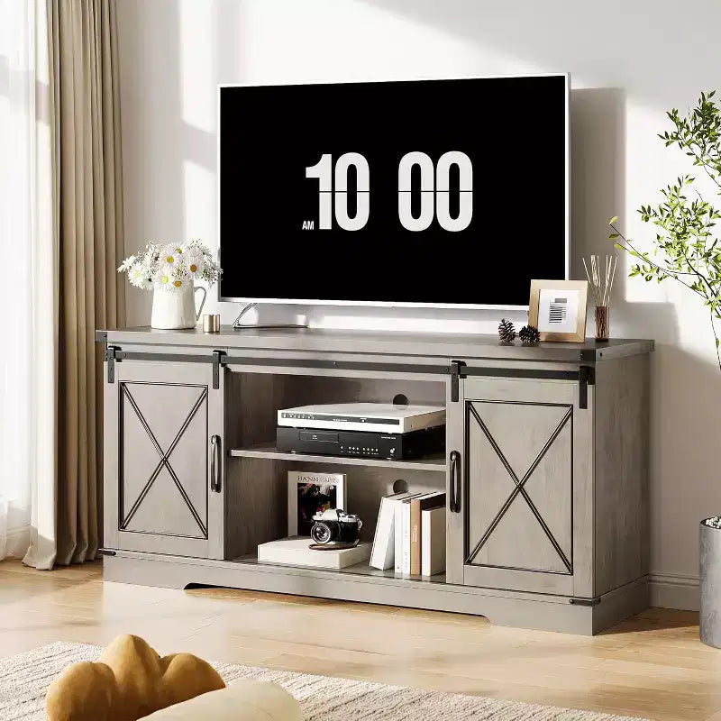 Mueble de TV estilo rústico en Marrón/Gris/Colores contrastantes con puertas corredizas tipo granero – Para televisores de hasta 65", se ensambla por 1 persona
