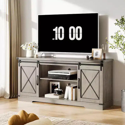 Mueble de TV estilo rústico en Marrón/Gris/Colores contrastantes con puertas corredizas tipo granero – Para televisores de hasta 65", se ensambla por 1 persona