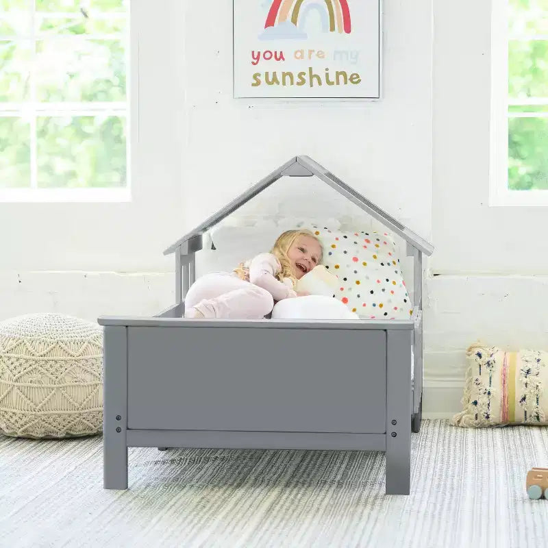 Cama baja con forma de Casa Blanca para niños pequeños, 1 plaza, madera de pino