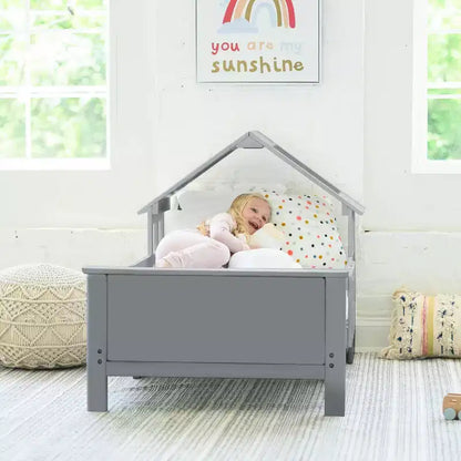 Cama baja con forma de Casa Blanca para niños pequeños, 1 plaza, madera de pino