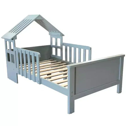 Cama baja con forma de Casa Blanca para niños pequeños, 1 plaza, madera de pino