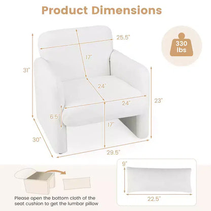 Sillón decorativo de chenilla blanca con cojín lumbar, 1/2 plaza