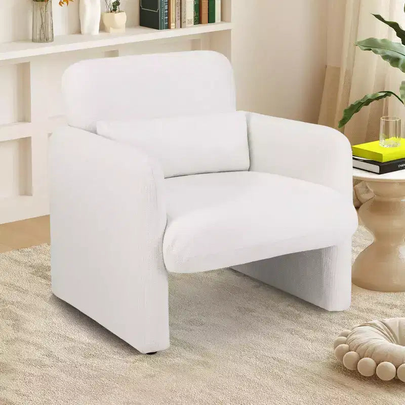 Sillón decorativo de chenilla blanca con cojín lumbar, 1/2 plaza
